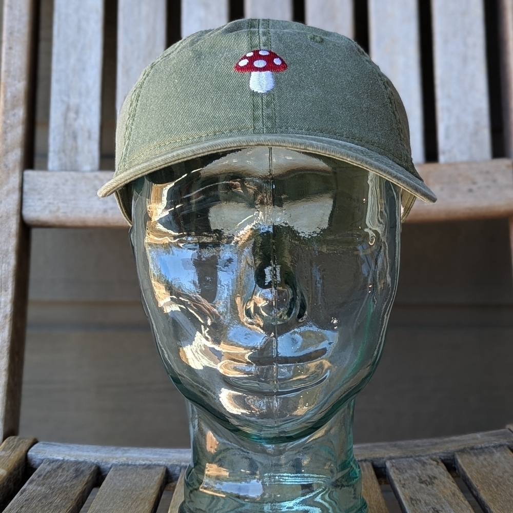 NWOT Mighty Fine Embroidered Polka Dot Mushroom Army Green Dad Hat Cap OSFM